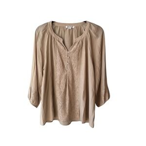 Emily Daniels Womens Tan Beige Boho Floral Lace Neutral Gauze Tunic Top PXL